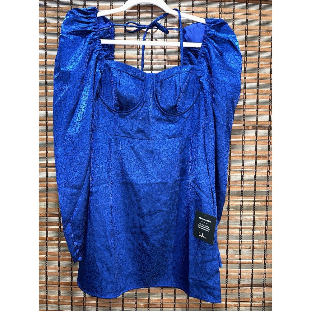 NWT Lulus Burst Into Bloom Navy Blue Satin Floral Jacquard Mini Dress Size Small